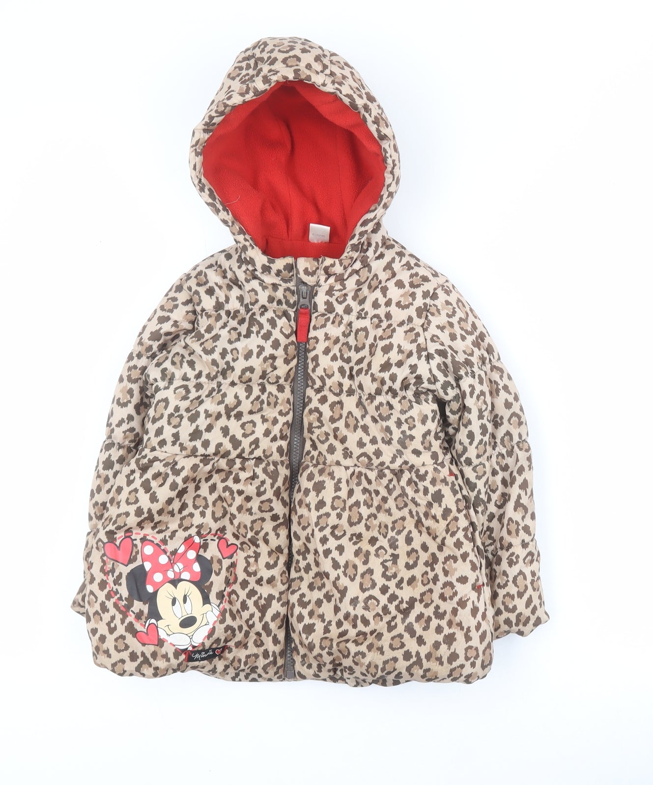 George Girls Brown Animal Print  Puffer Jacket Coat Size 3-4 Years  Zip - Minnie Mouse