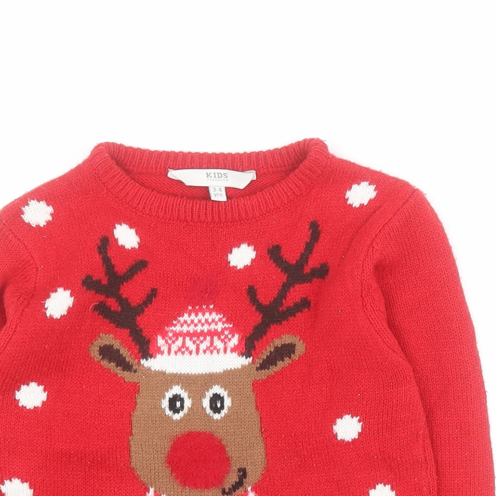 Peacocks Boys Red Round Neck  Acrylic Pullover Jumper Size 3-4 Years  Pullover - Christmas