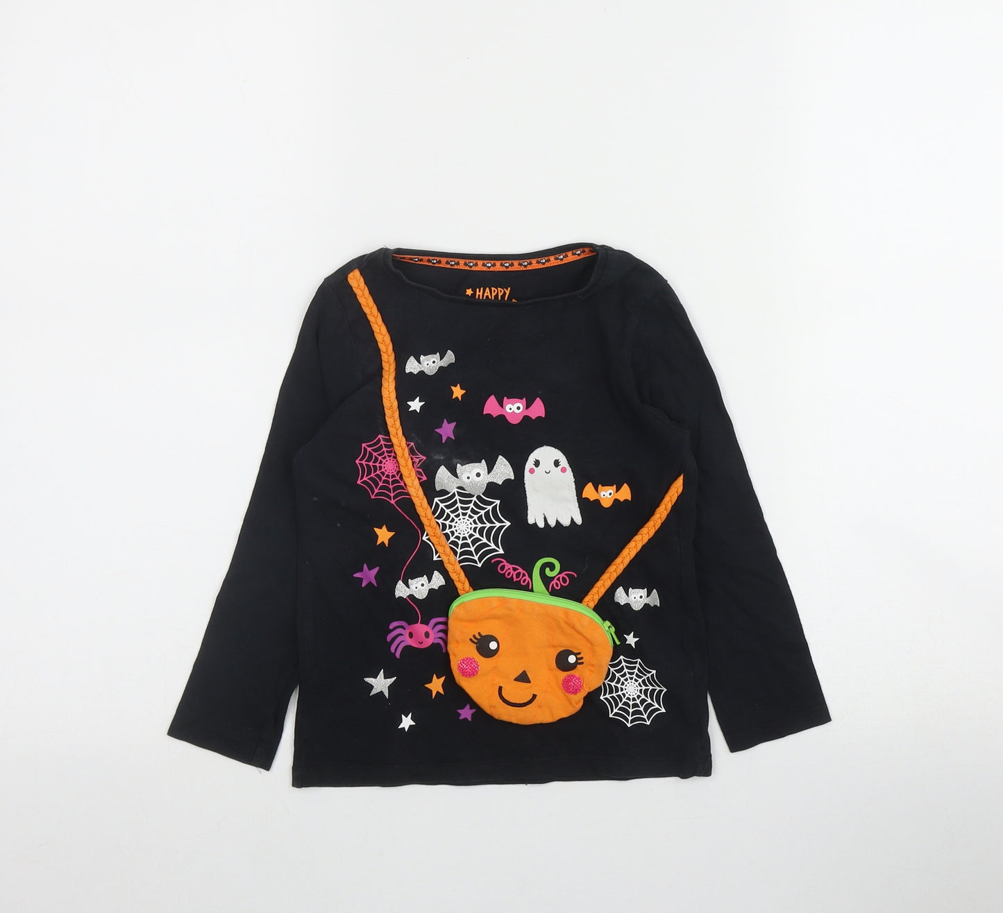 F&F Girls Black  Cotton Basic T-Shirt Size 3-4 Years Round Neck Pullover - Halloween