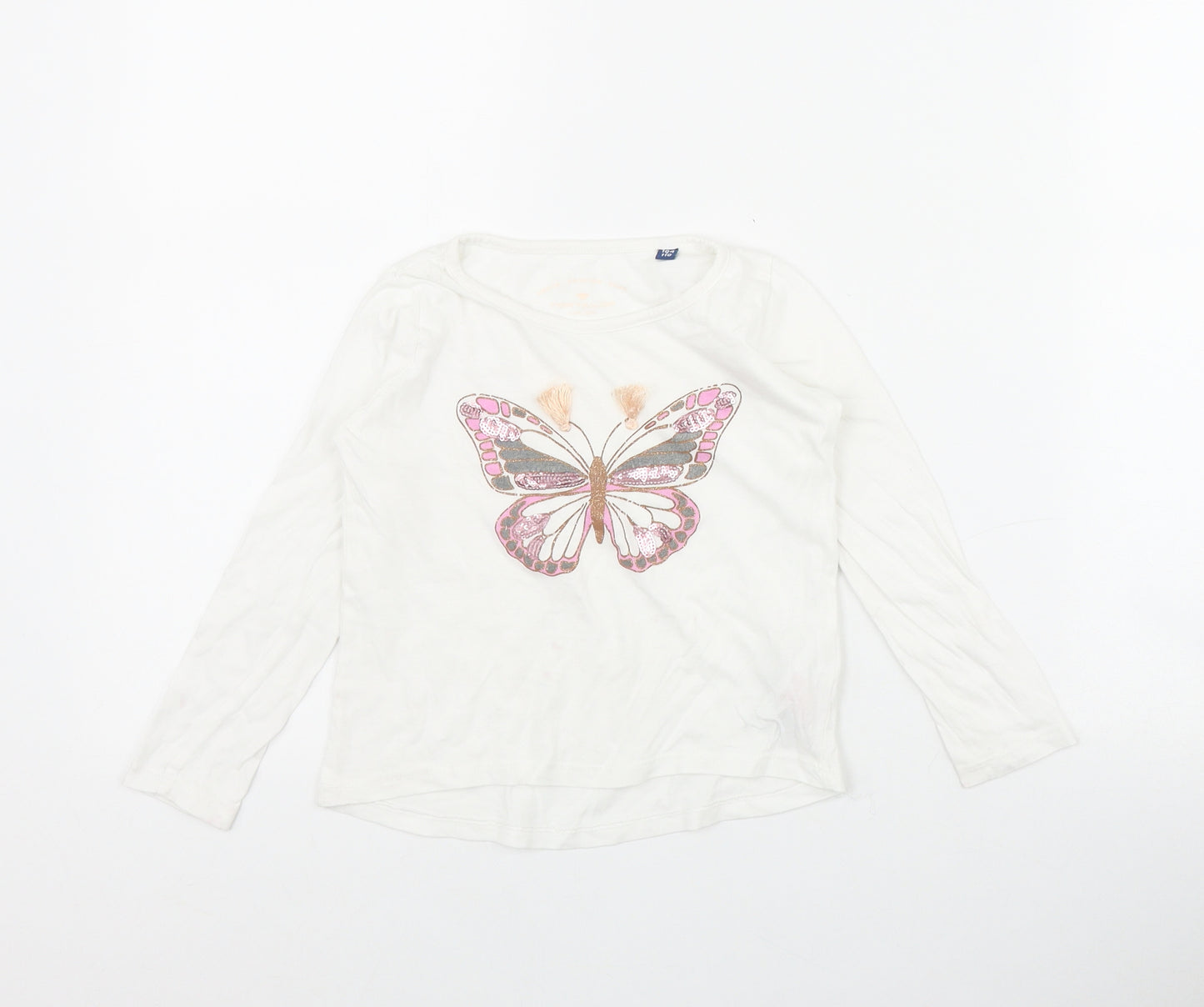 TOM TAILOR Girls White  Cotton Basic T-Shirt Size 4-5 Years Round Neck Pullover - Butterfly