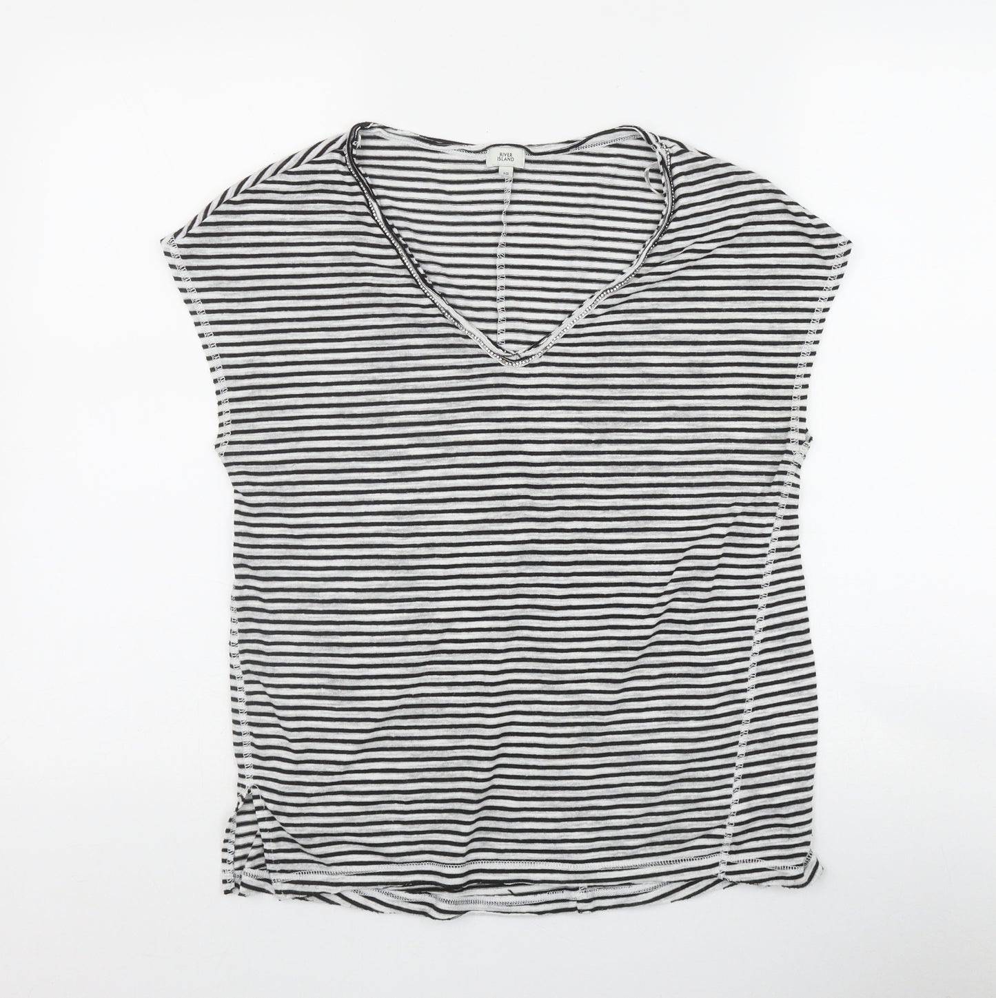 River Island Womens White Striped Cotton Basic T-Shirt Size 10 V-Neck
