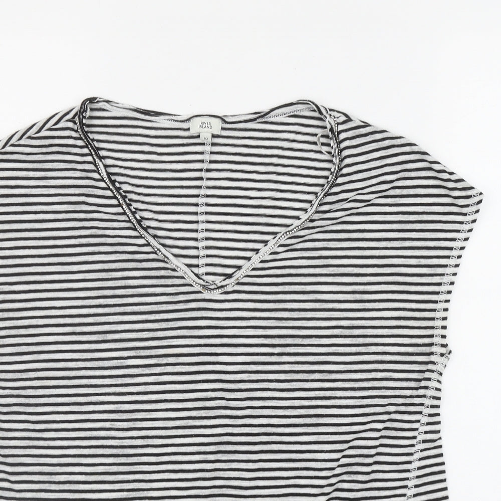 River Island Womens White Striped Cotton Basic T-Shirt Size 10 V-Neck