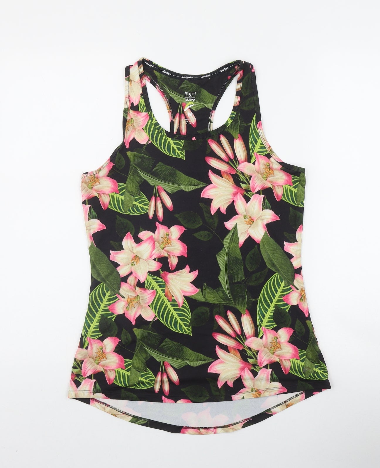 F&F Womens Black Floral Polyester Basic Tank Size M Scoop Neck Pullover