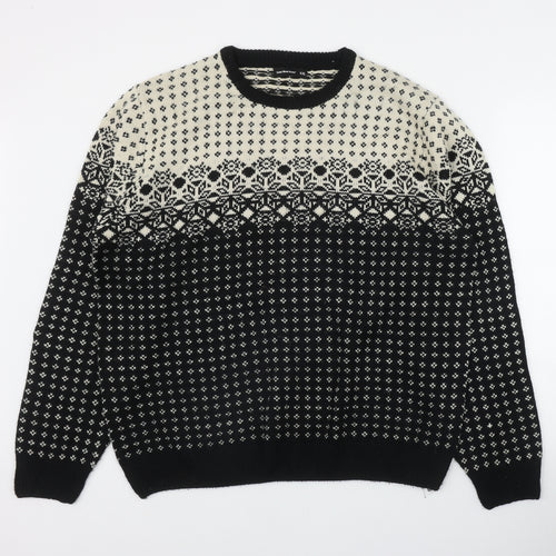 Cedar Wood State Mens Black Round Neck Fair Isle Acrylic Pullover Jumper Size 2XL