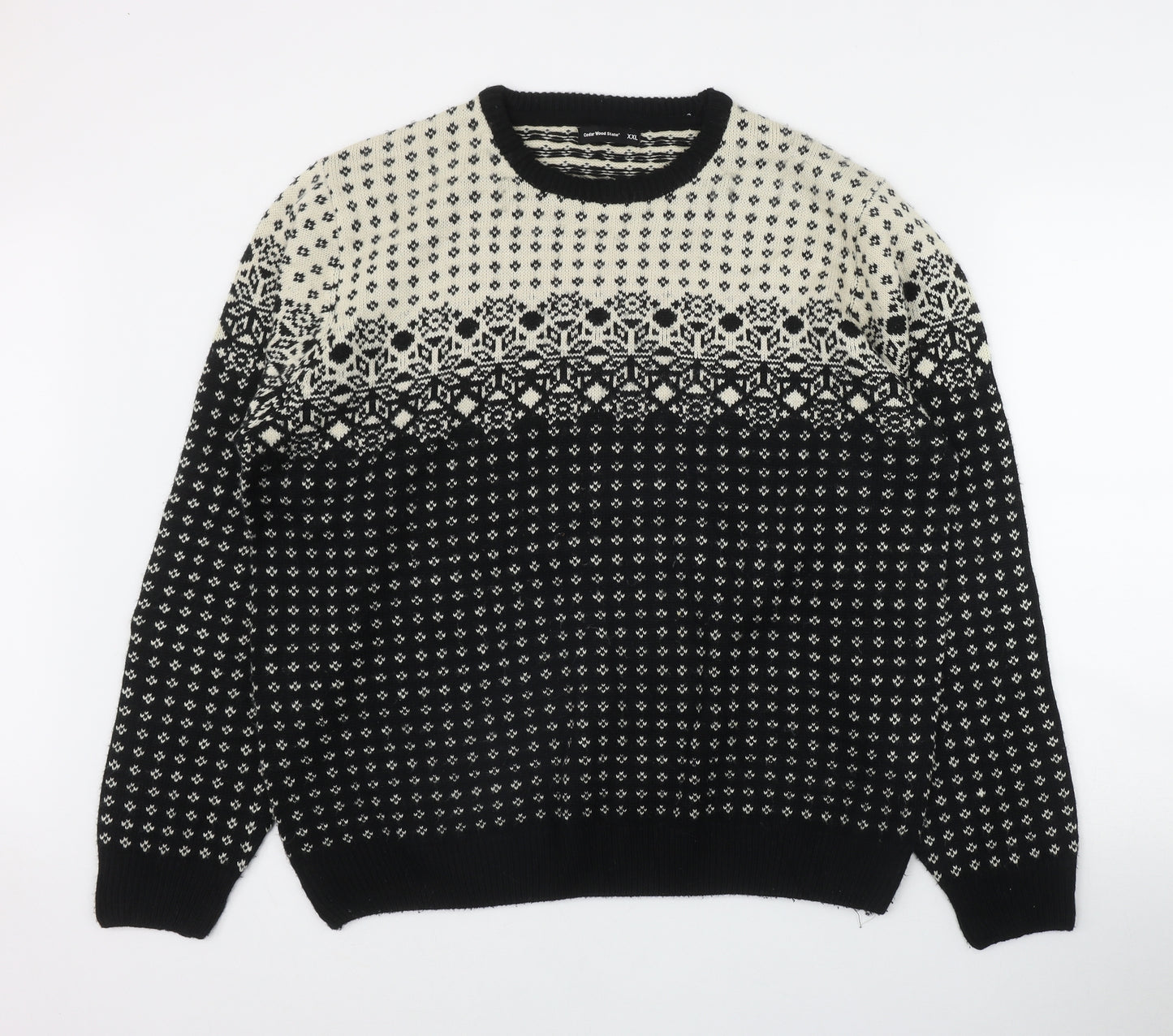 Cedar Wood State Mens Black Round Neck Fair Isle Acrylic Pullover Jumper Size 2XL
