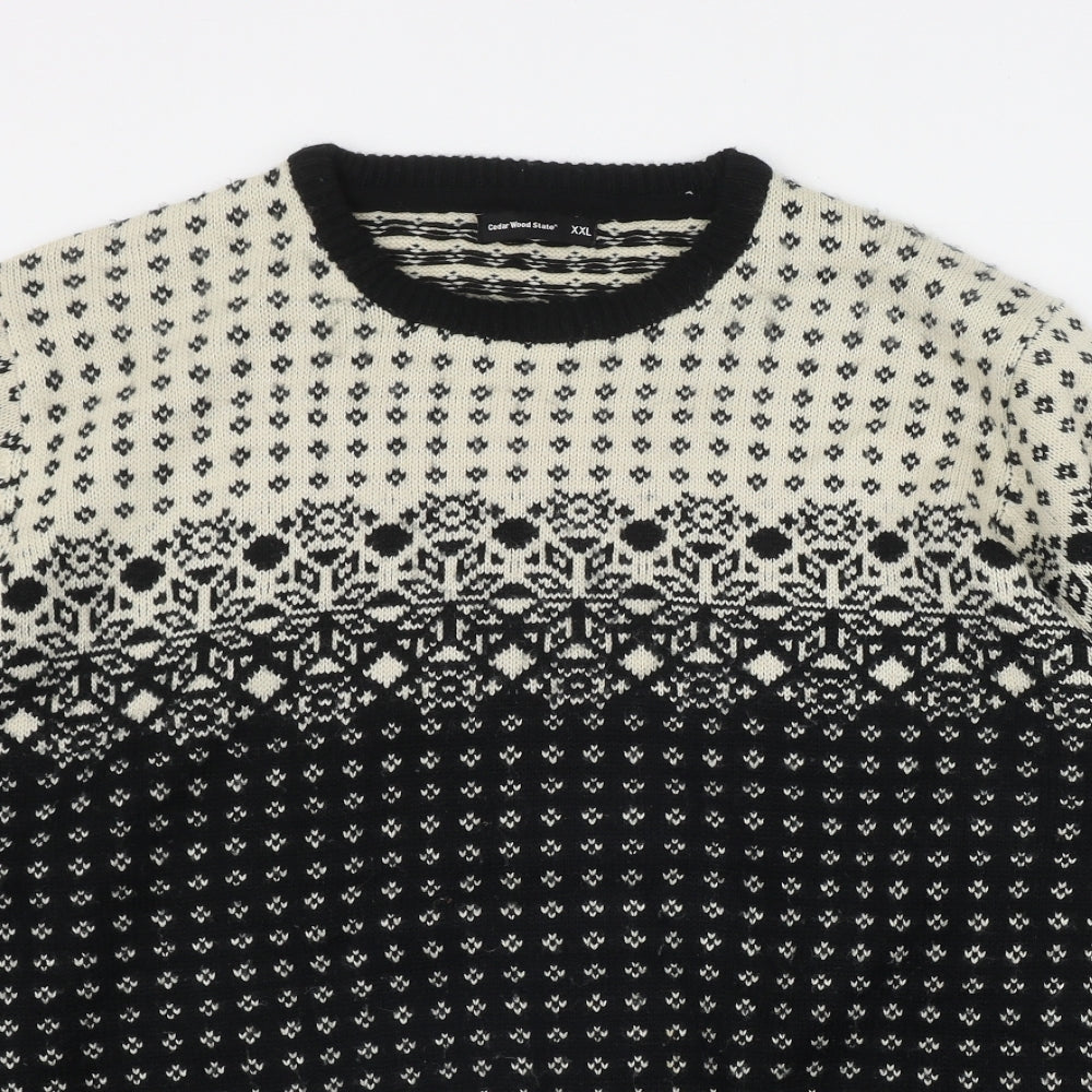 Cedar Wood State Mens Black Round Neck Fair Isle Acrylic Pullover Jumper Size 2XL