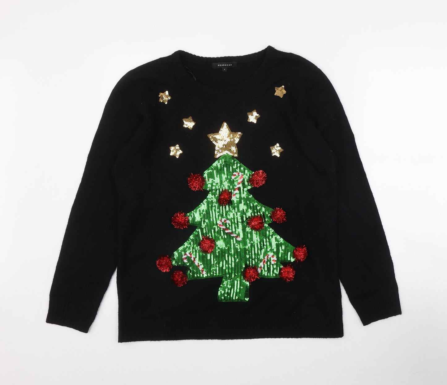 Peacocks Mens Black Round Neck  Acrylic Pullover Jumper Size L   - Christmas