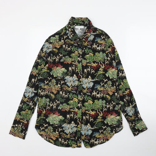 Warehouse Womens Black Geometric Viscose Basic Button-Up Size 10 Collared