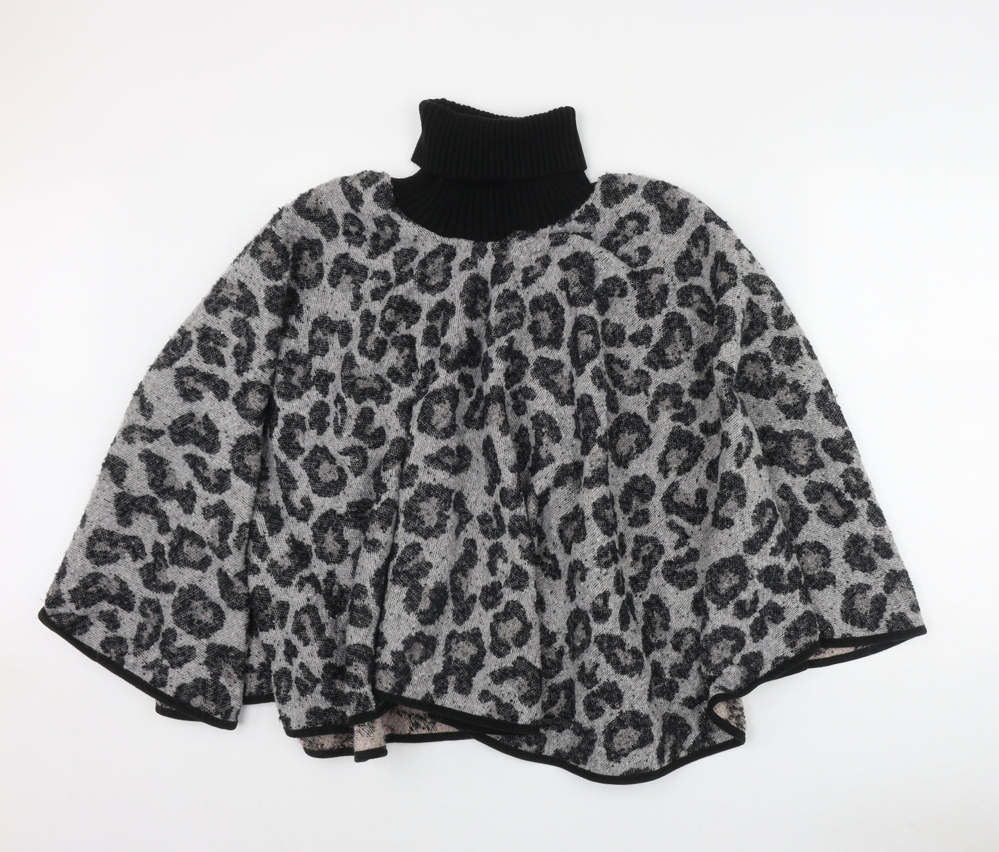 TU Womens Grey Roll Neck Animal Print Polyester Cape Jumper One Size