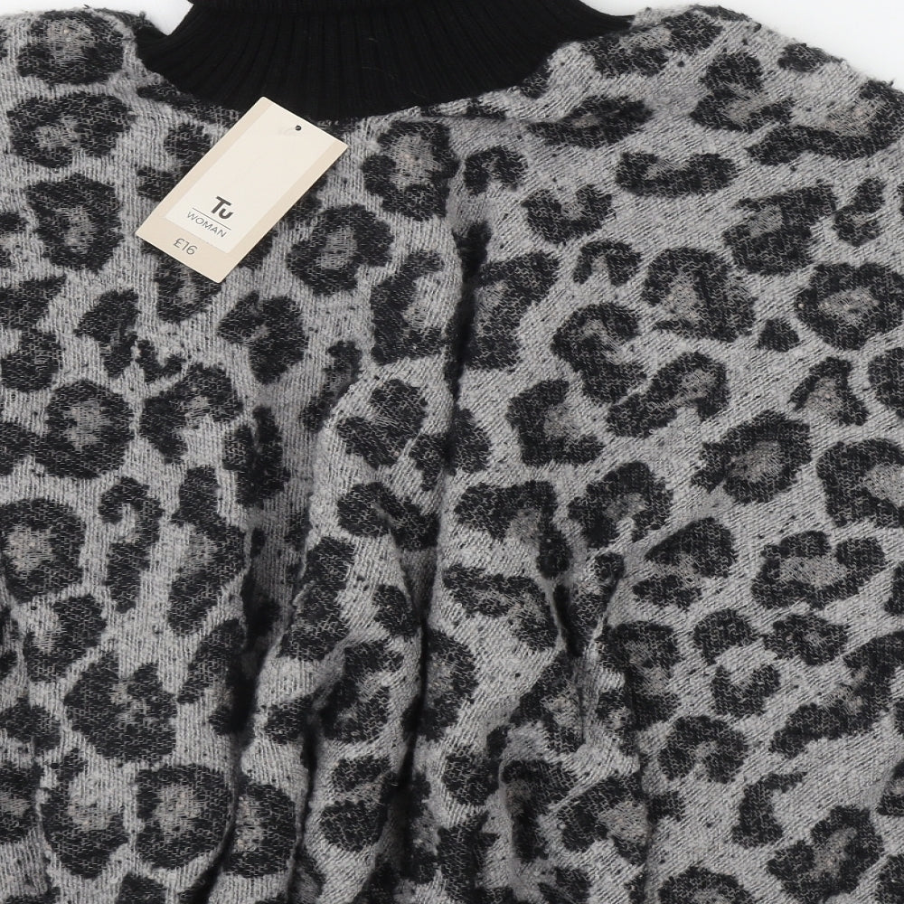 TU Womens Grey Roll Neck Animal Print Polyester Cape Jumper One Size