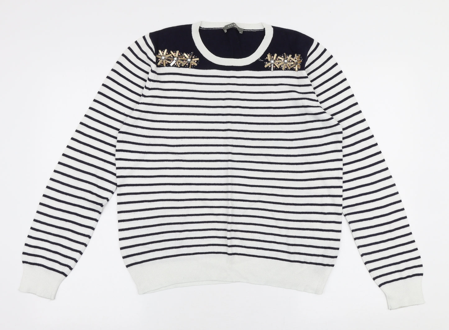 Oasis Womens White Round Neck  Cotton Pullover Jumper Size L