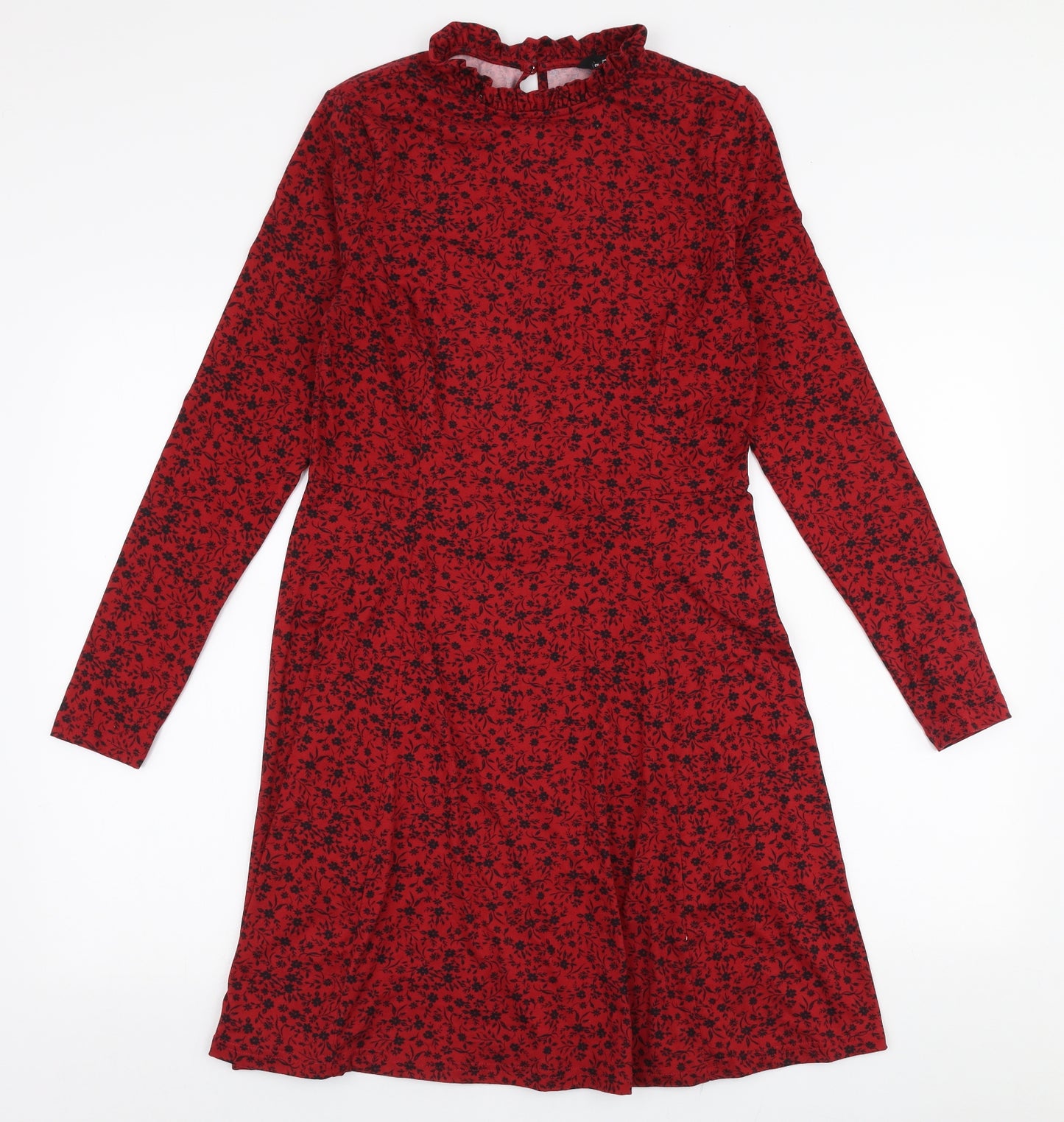 New Look Womens Red Floral Polyester A-Line  Size 10  High Neck Button