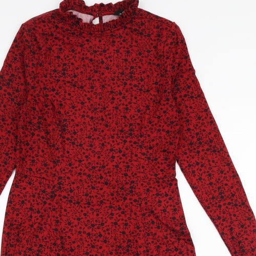 New Look Womens Red Floral Polyester A-Line  Size 10  High Neck Button