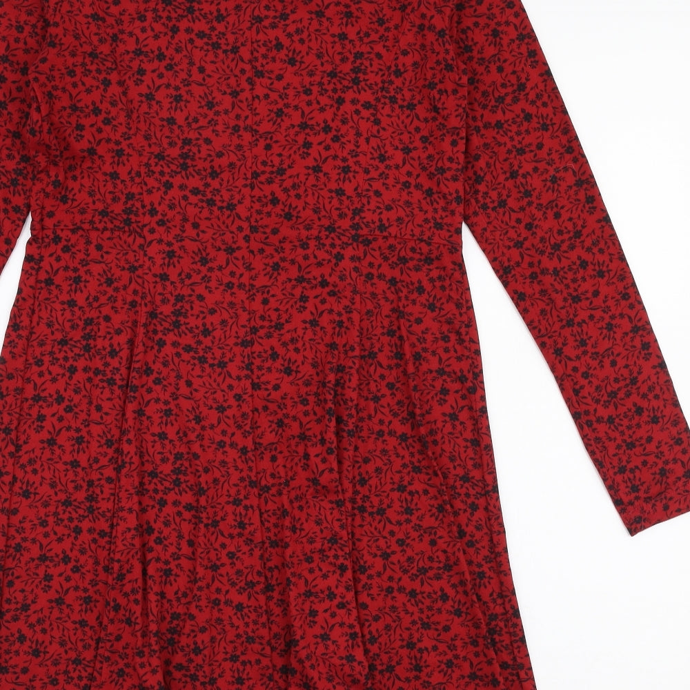 New Look Womens Red Floral Polyester A-Line  Size 10  High Neck Button