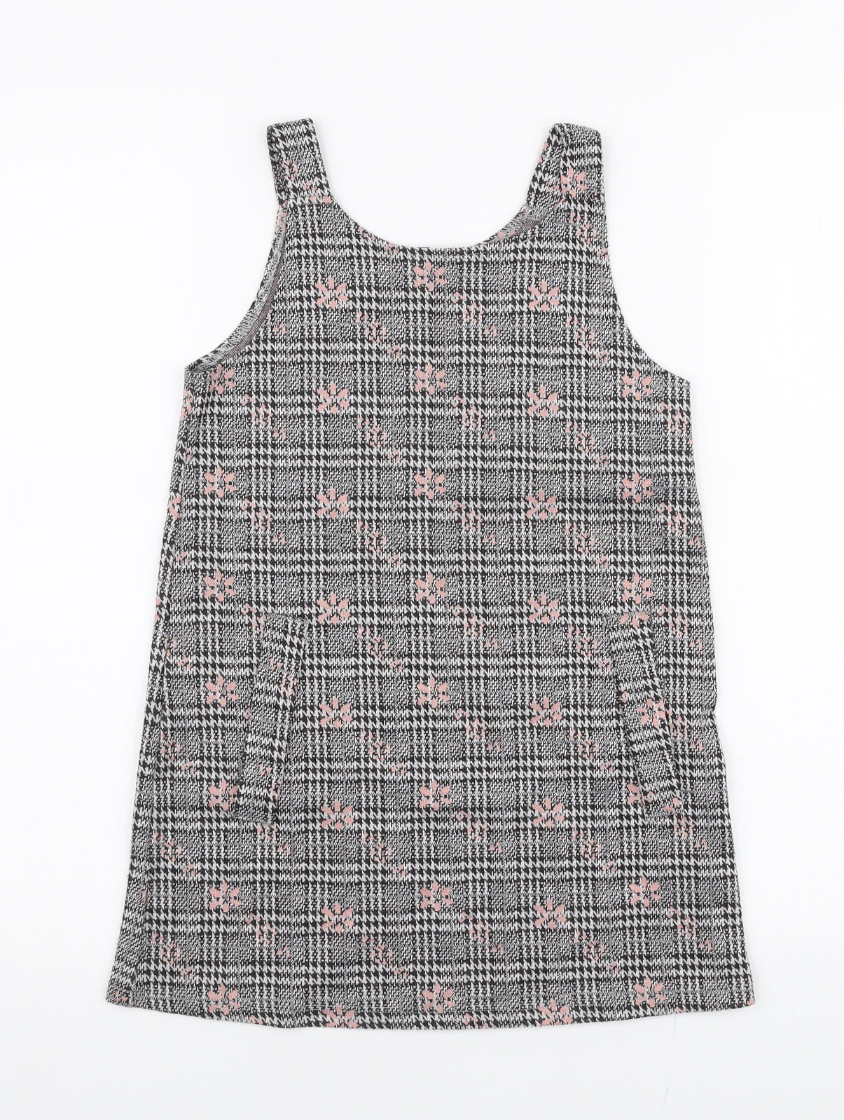 Primark Girls Grey Plaid Polyester Pinafore/Dungaree Dress  Size 7-8 Years  Round Neck Pullover - Floral