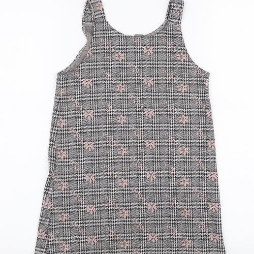 Primark Girls Grey Plaid Polyester Pinafore/Dungaree Dress  Size 7-8 Years  Round Neck Pullover - Floral