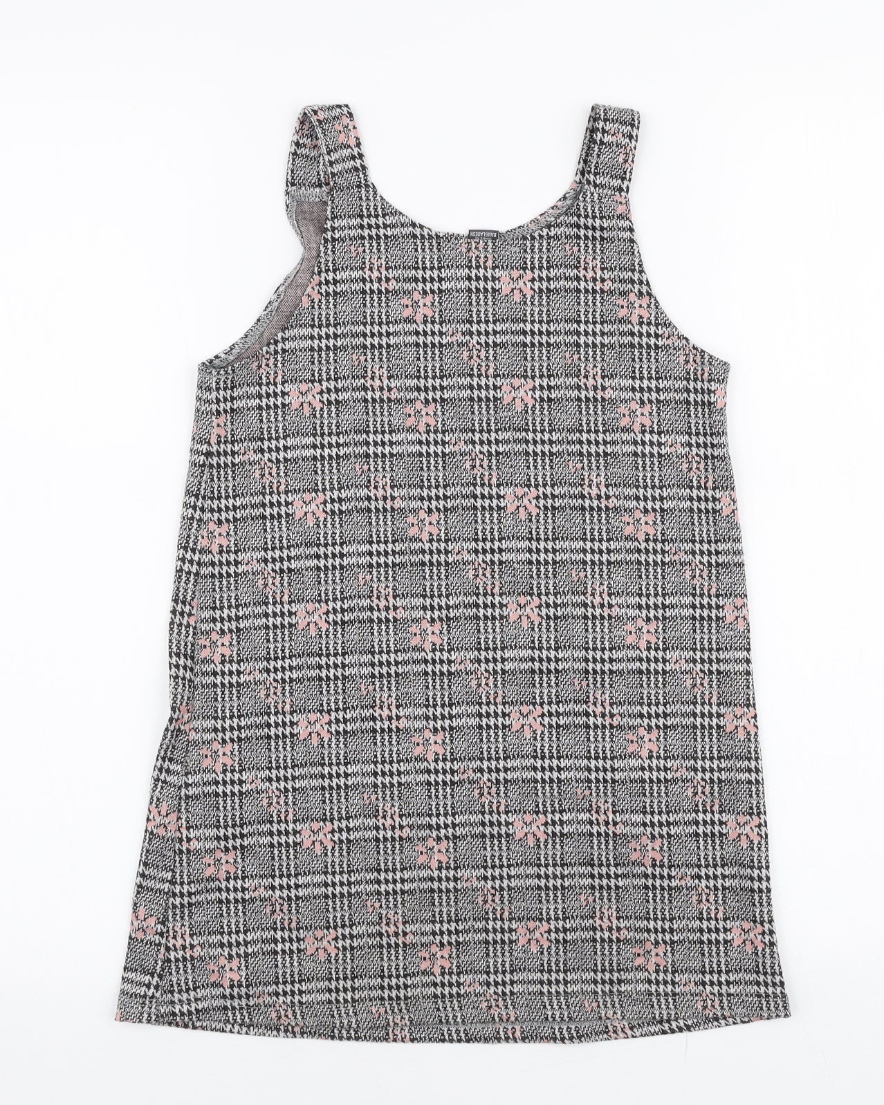 Primark Girls Grey Plaid Polyester Pinafore/Dungaree Dress  Size 7-8 Years  Round Neck Pullover - Floral