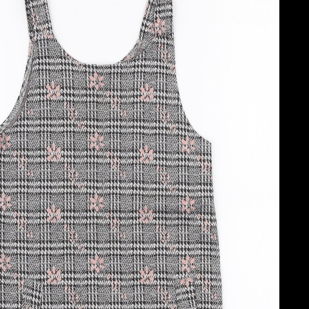 Primark Girls Grey Plaid Polyester Pinafore/Dungaree Dress  Size 7-8 Years  Round Neck Pullover - Floral