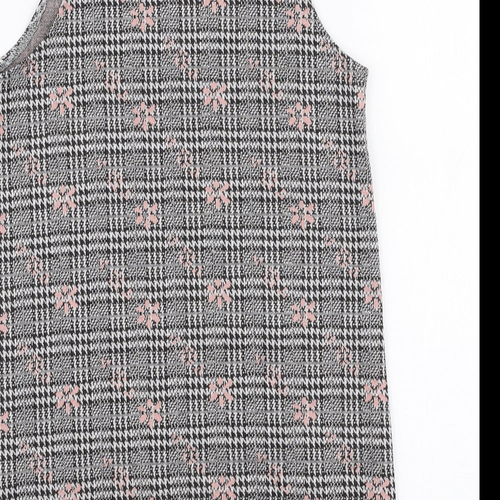 Primark Girls Grey Plaid Polyester Pinafore/Dungaree Dress  Size 7-8 Years  Round Neck Pullover - Floral