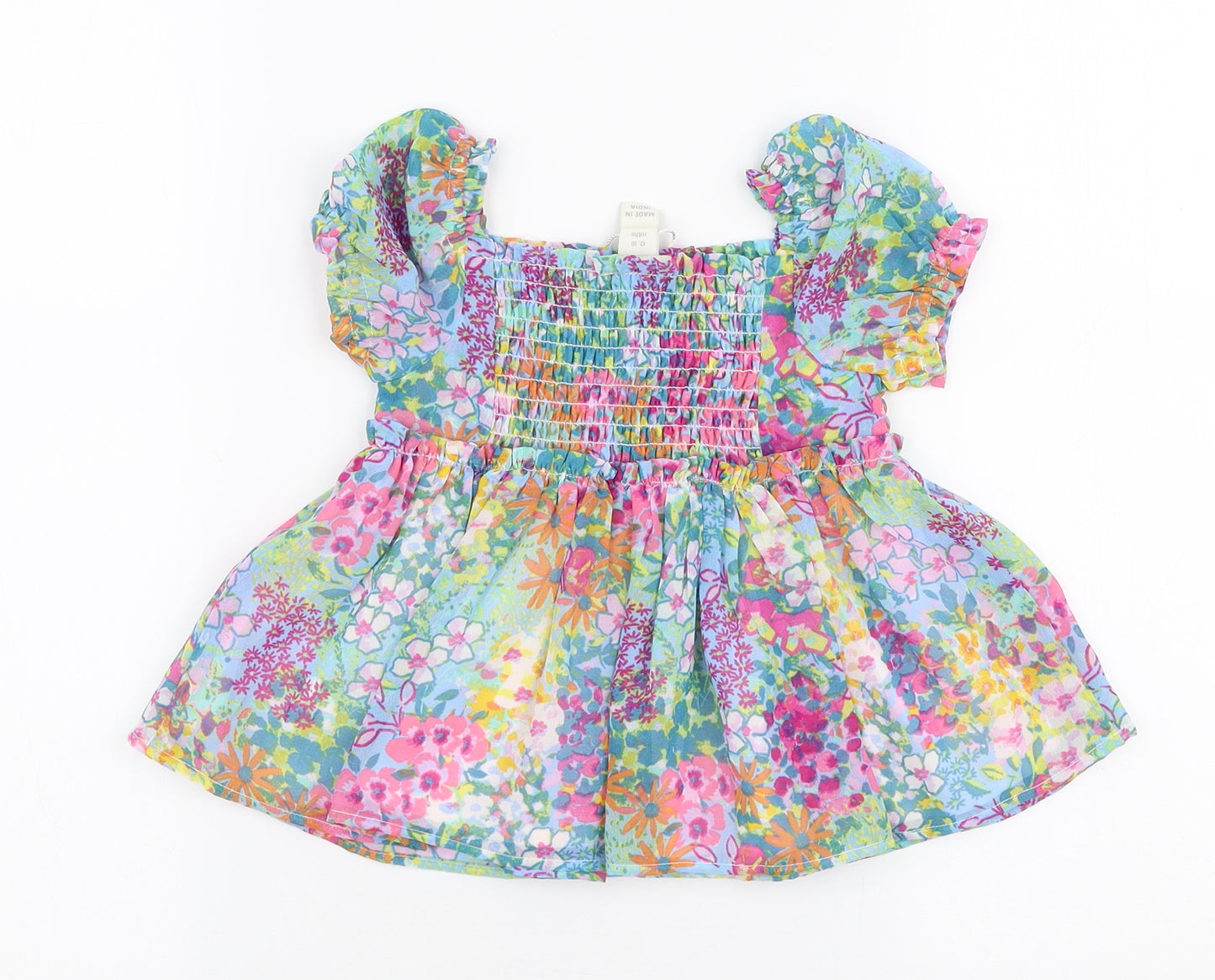 Monsoon Girls Multicoloured Floral Cotton Basic Blouse Size 12-18 Months Square Neck Pullover