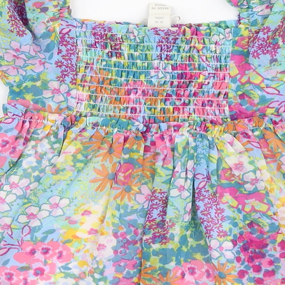 Monsoon Girls Multicoloured Floral Cotton Basic Blouse Size 12-18 Months Square Neck Pullover