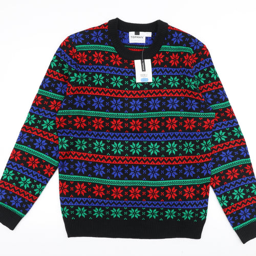 Topman Mens Multicoloured Round Neck Geometric Acrylic Pullover Jumper Size L
