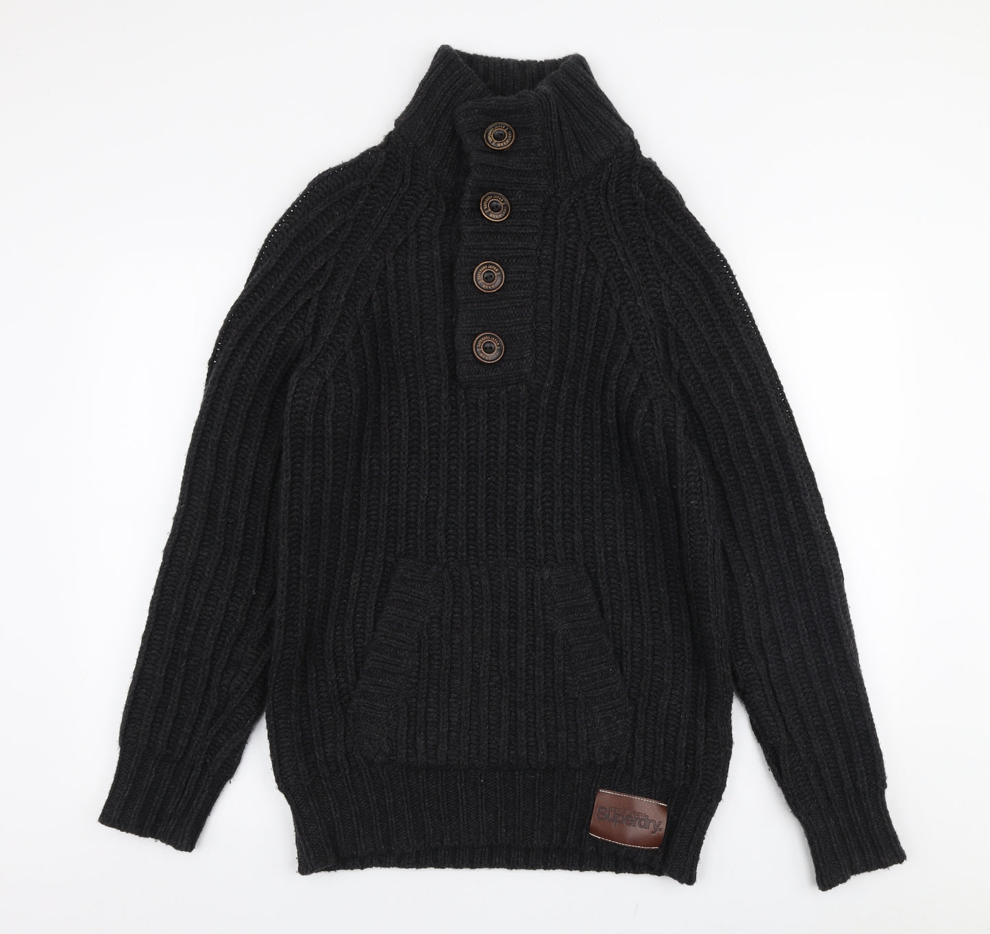 Superdry Mens Black High Neck  Wool Pullover Jumper Size XL