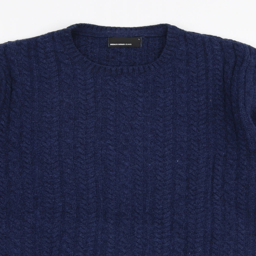 Remus Uomo Mens Blue Round Neck  Wool Pullover Jumper Size L
