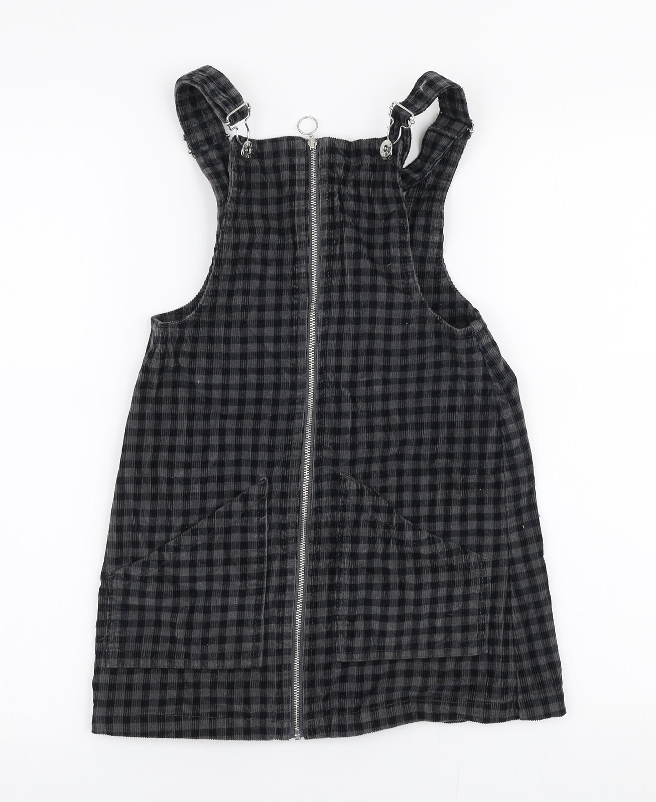 Miss Evie Girls Grey Check Polyester Pinafore/Dungaree Dress  Size 7-8 Years  Round Neck Zip