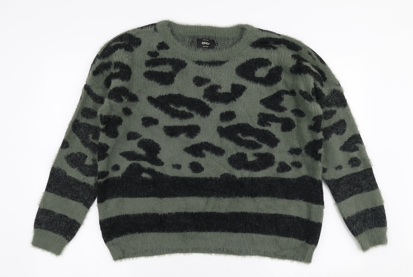 Only Womens Green Round Neck Animal Print Nylon Pullover Jumper Size L