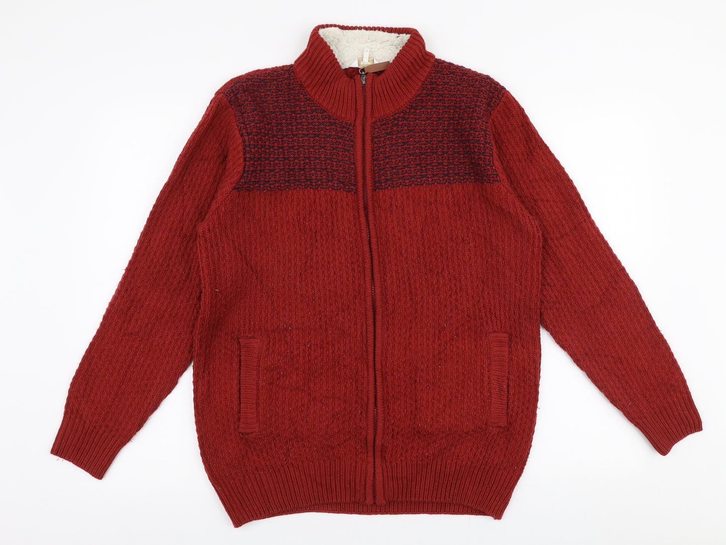 Cotton Traders Mens Red High Neck  Acrylic Cardigan Jumper Size M