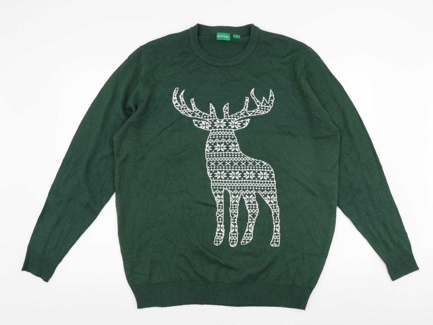 Avenue Mens Green Round Neck  Polyester Pullover Jumper Size L   - Stag