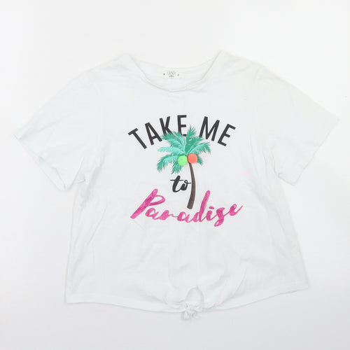 Candy Couture Girls White  Cotton Cropped T-Shirt Size 11 Years Crew Neck  - Paradise, Tie Front
