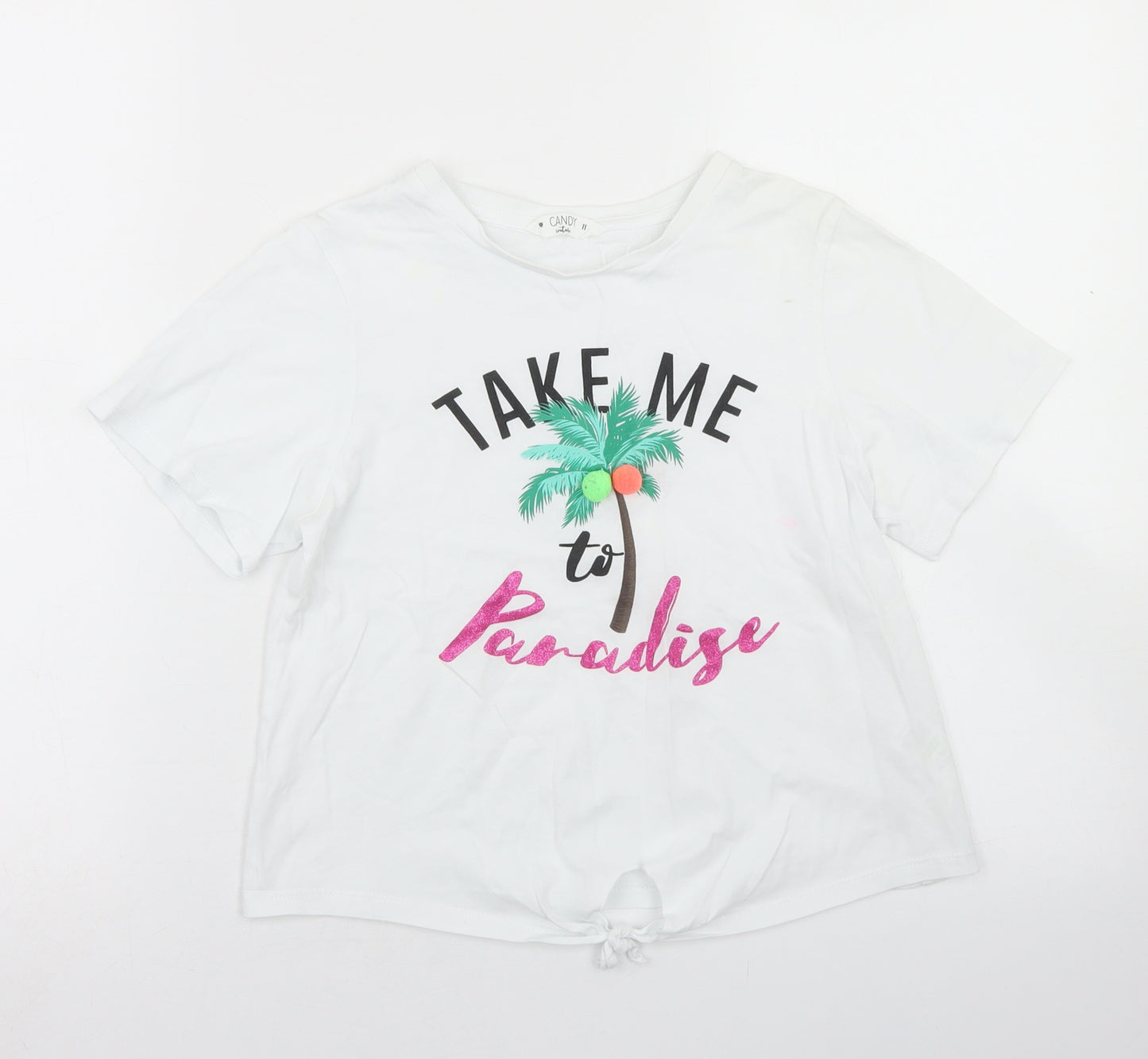 Candy Couture Girls White  Cotton Cropped T-Shirt Size 11 Years Crew Neck  - Paradise, Tie Front