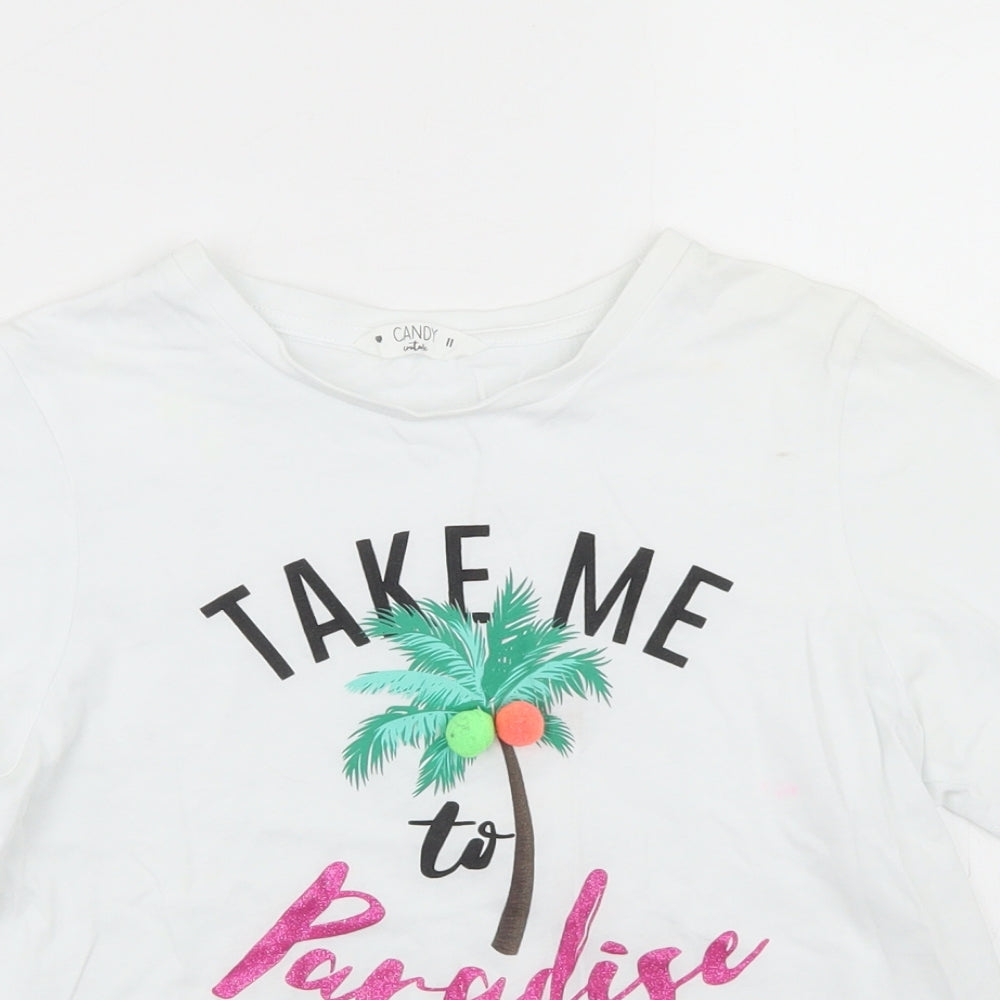 Candy Couture Girls White  Cotton Cropped T-Shirt Size 11 Years Crew Neck  - Paradise, Tie Front