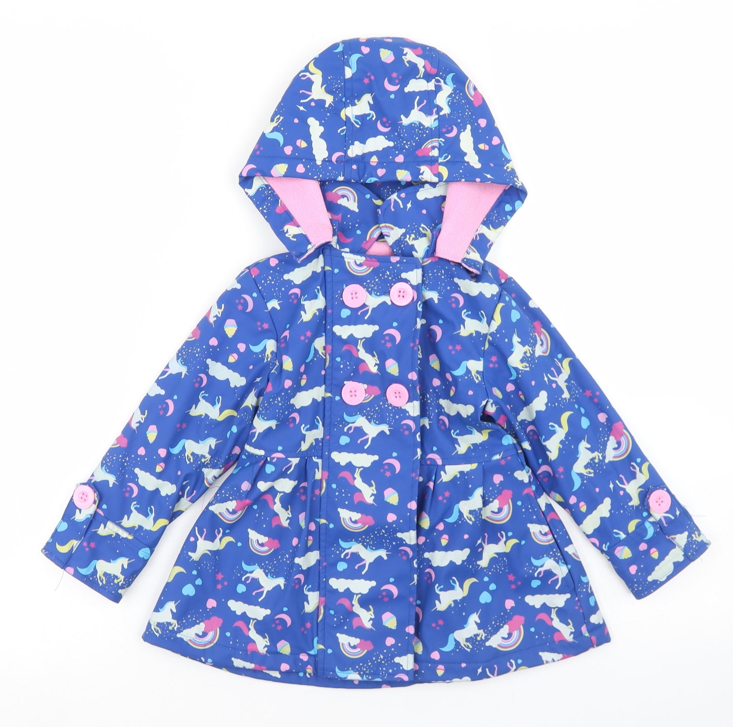 Minoti Girls Blue Geometric  Rain Coat Jacket Size 12-18 Months   Button
