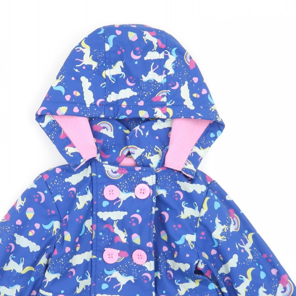 Minoti Girls Blue Geometric  Rain Coat Jacket Size 12-18 Months   Button