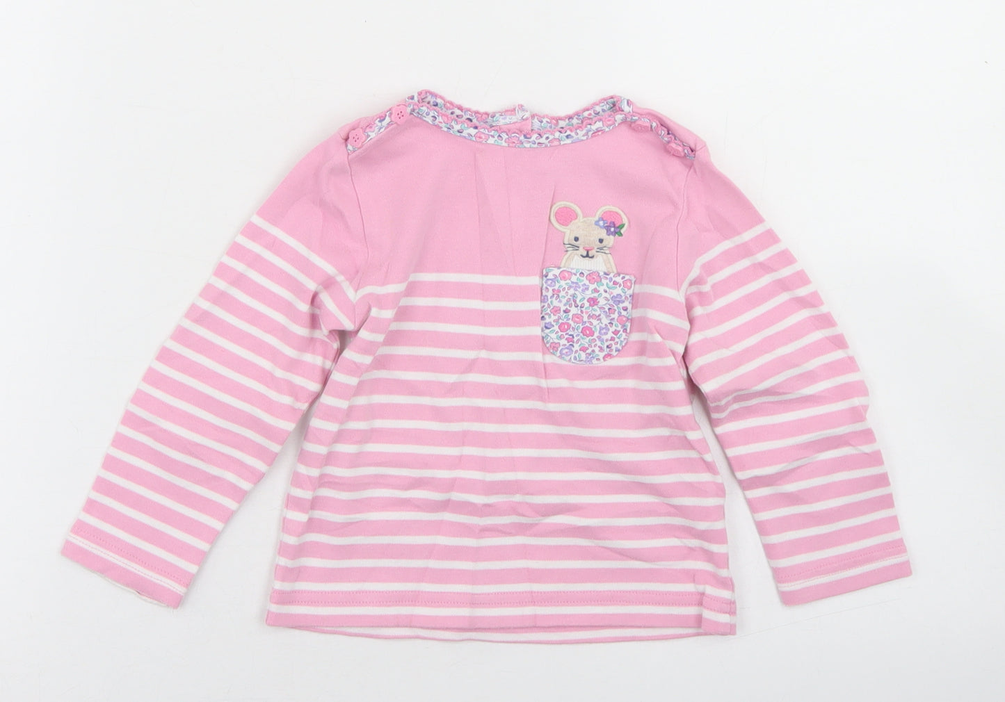 JoJo Maman Bébé Girls Pink Striped Cotton Basic T-Shirt Size 2-3 Years Crew Neck Button - Mouse