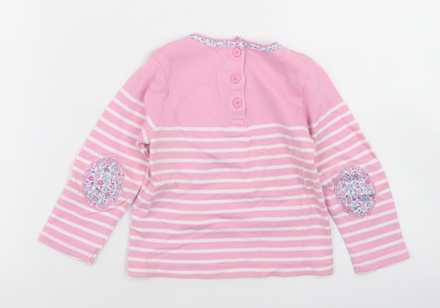 JoJo Maman Bébé Girls Pink Striped Cotton Basic T-Shirt Size 2-3 Years Crew Neck Button - Mouse