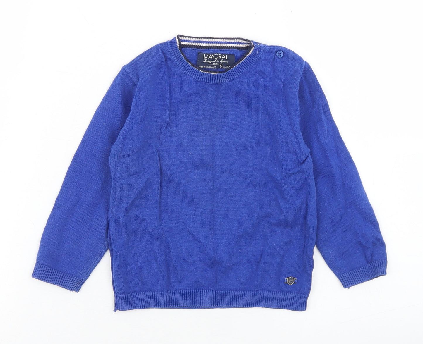 Mayoral Boys Blue Crew Neck  Acrylic Pullover Jumper Size 2 Years  Button