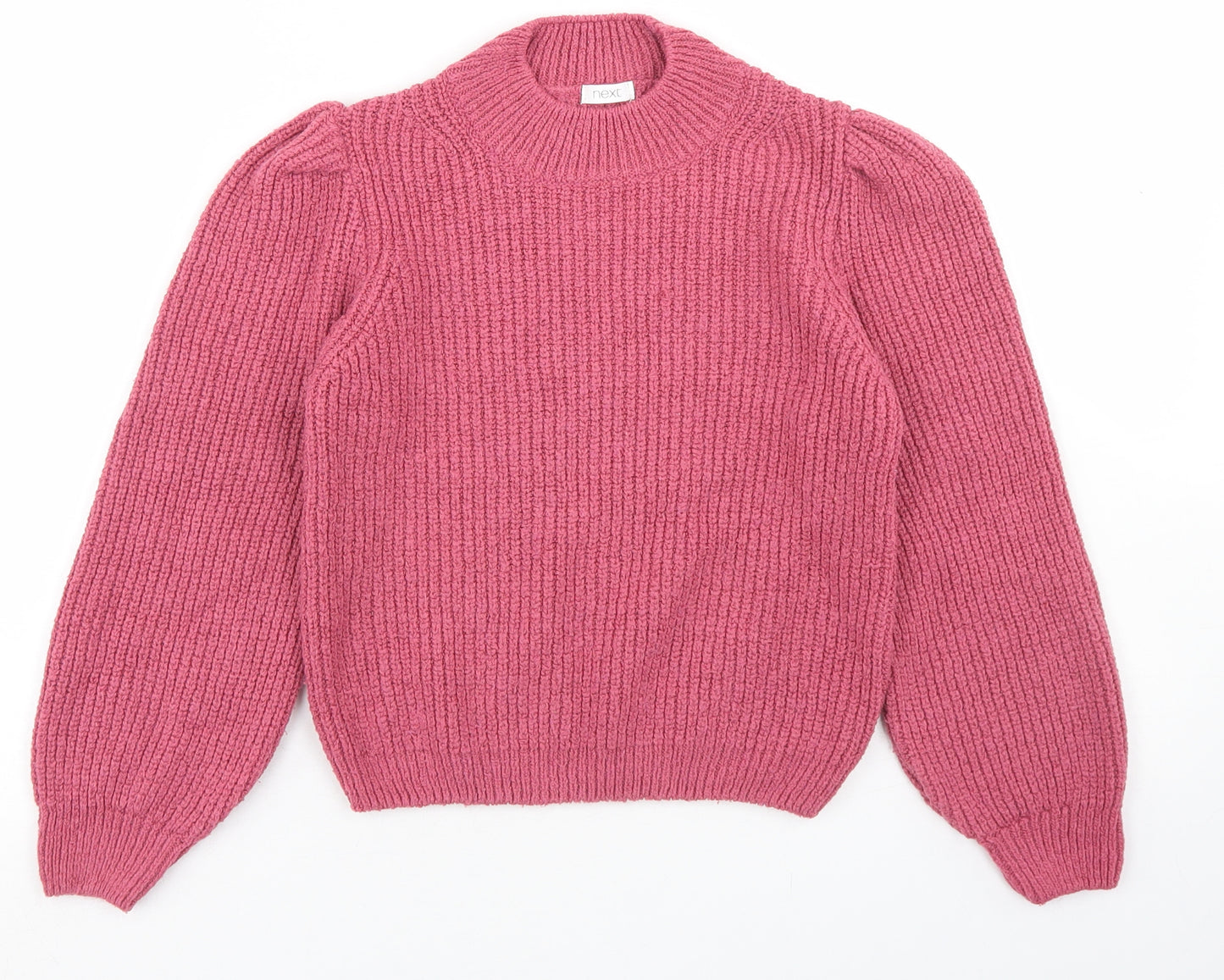 NEXT Girls Pink Mock Neck  Acrylic Pullover Jumper Size 8 Years   - Puff Sleeve