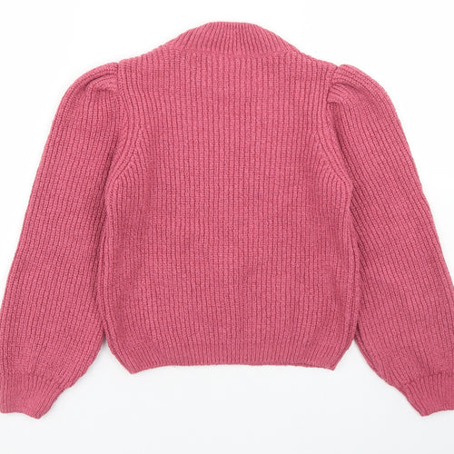 NEXT Girls Pink Mock Neck  Acrylic Pullover Jumper Size 8 Years   - Puff Sleeve