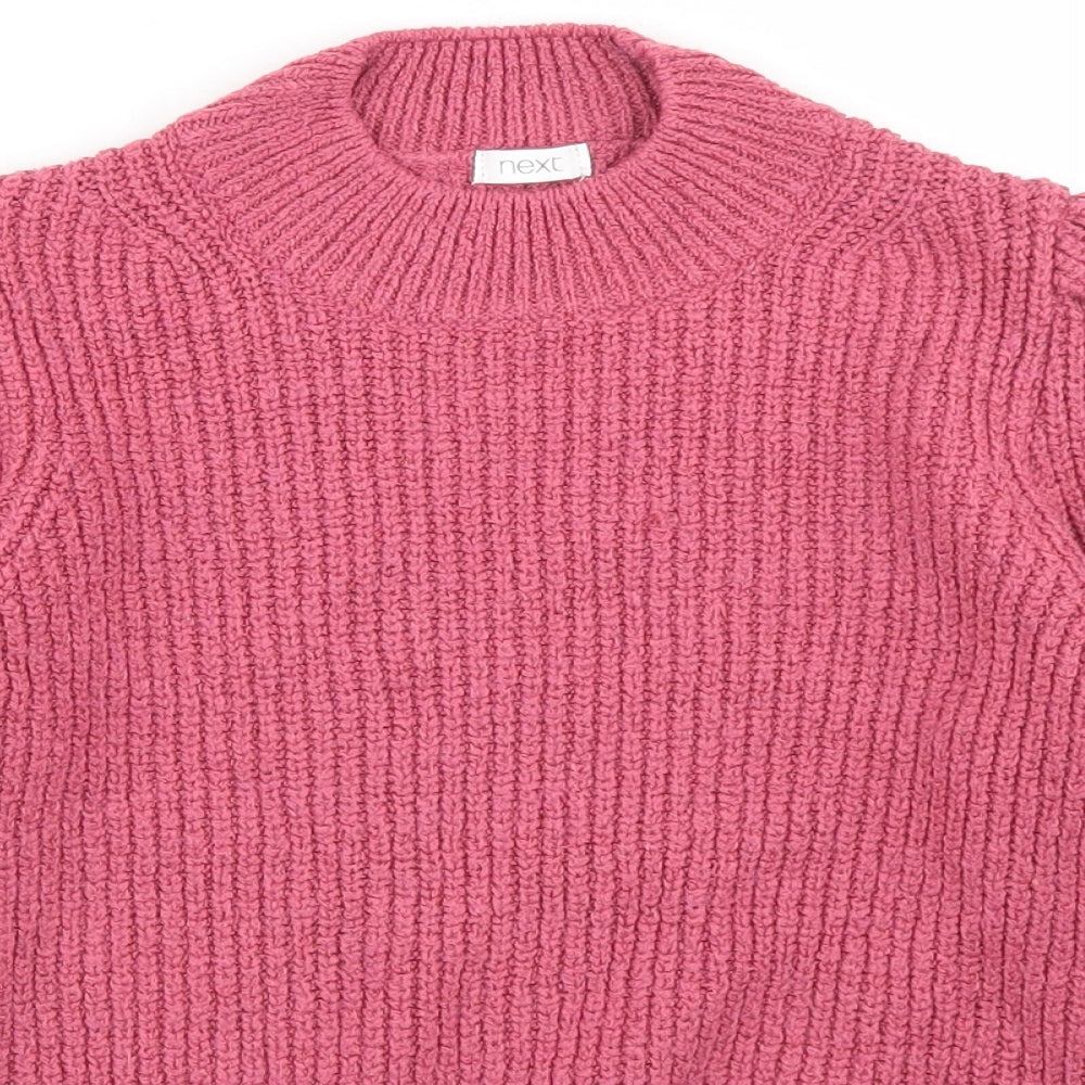 NEXT Girls Pink Mock Neck  Acrylic Pullover Jumper Size 8 Years   - Puff Sleeve