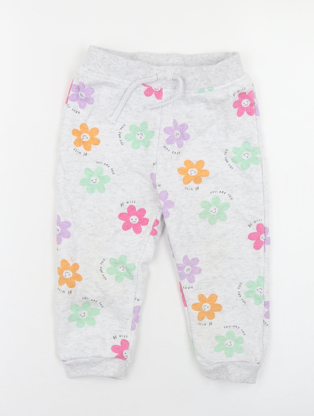 Primark Girls Grey Floral Cotton Jogger Trousers Size 18-24 Months  Drawstring