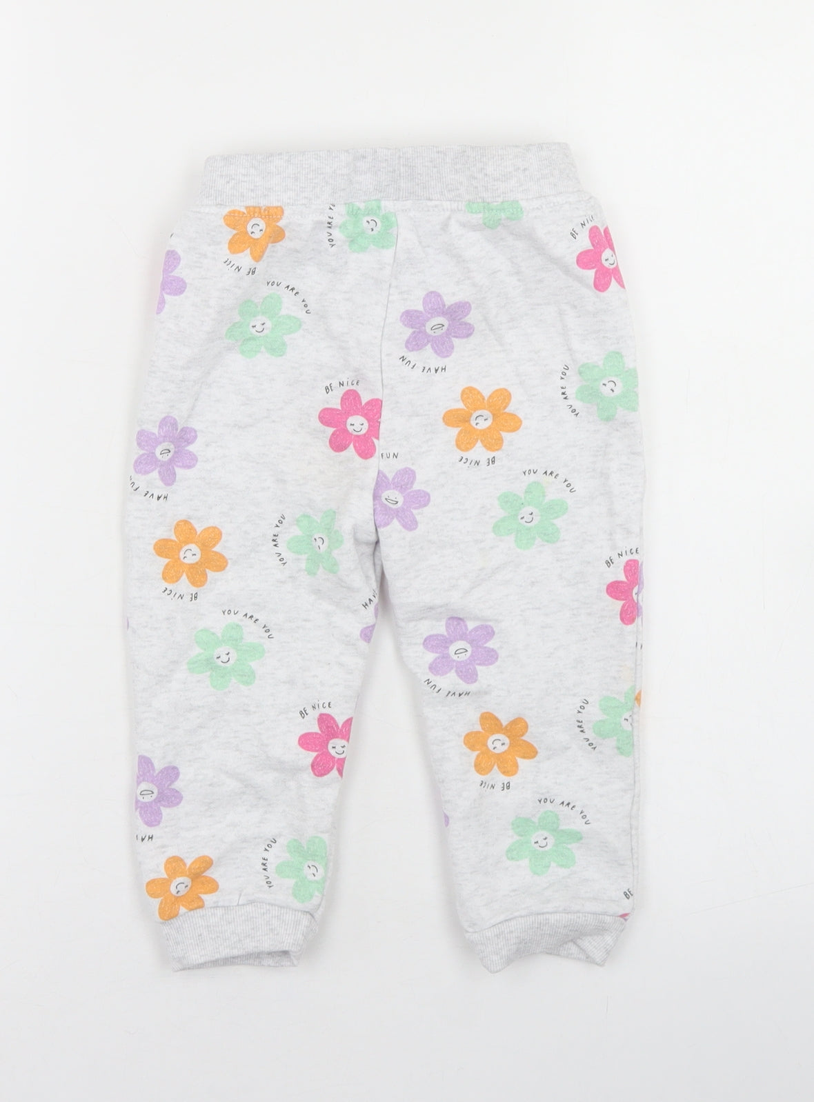 Primark Girls Grey Floral Cotton Jogger Trousers Size 18-24 Months  Drawstring