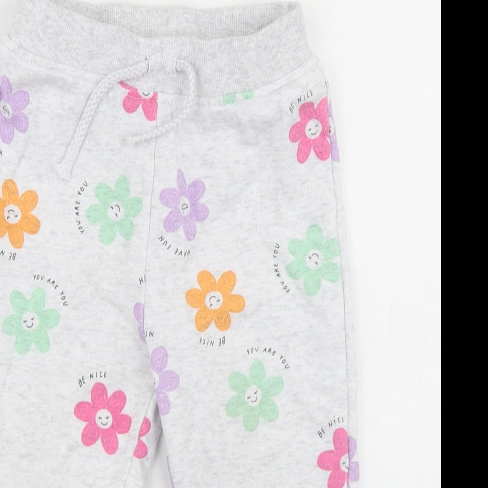 Primark Girls Grey Floral Cotton Jogger Trousers Size 18-24 Months  Drawstring