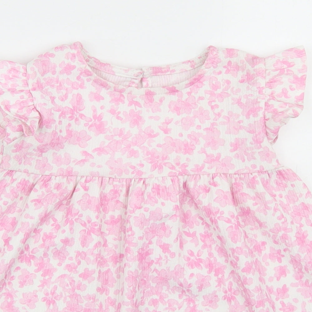 Dunnes Stores Girls Pink Floral Polyester Skater Dress  Size 12-18 Months  Round Neck Button