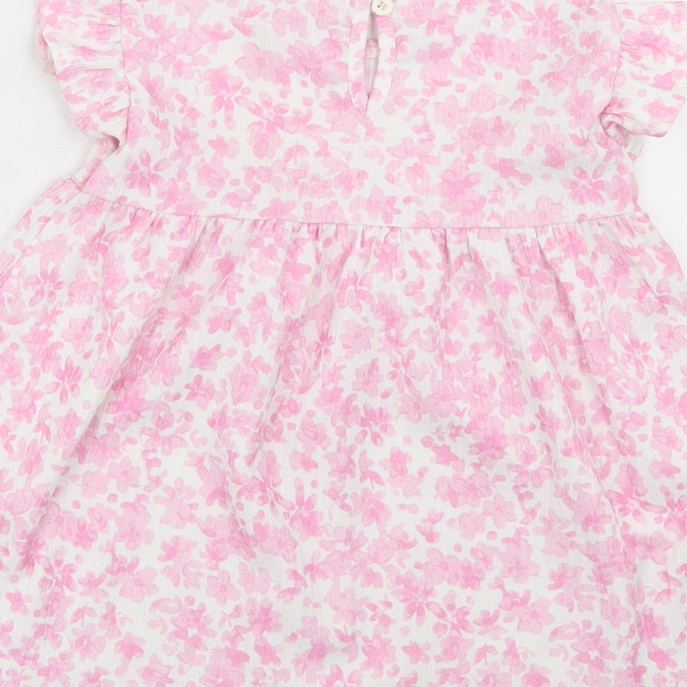 Dunnes Stores Girls Pink Floral Polyester Skater Dress  Size 12-18 Months  Round Neck Button