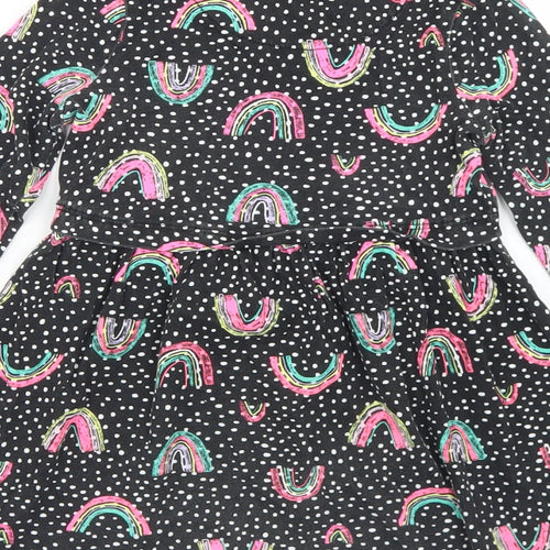 George Girls Black Polka Dot Cotton Skater Dress  Size 4-5 Years  Crew Neck  - Rainbow Print