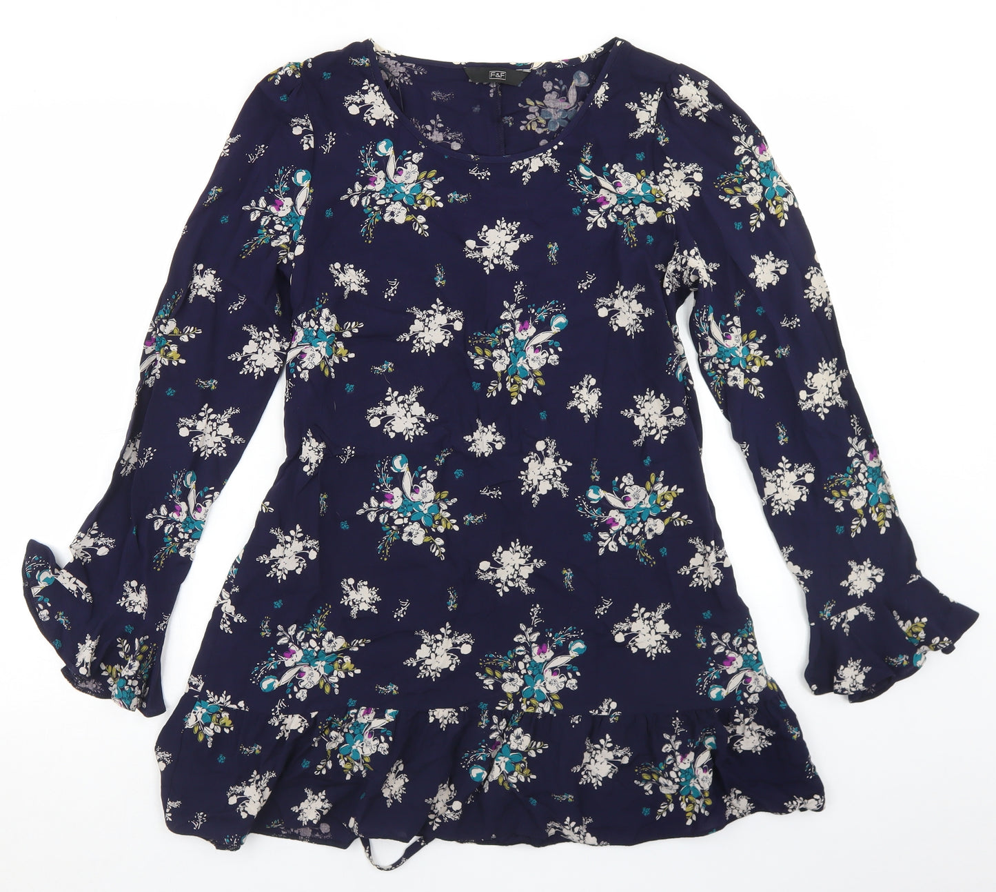 F&F Womens Blue Floral Viscose Basic Blouse Size 12 Round Neck